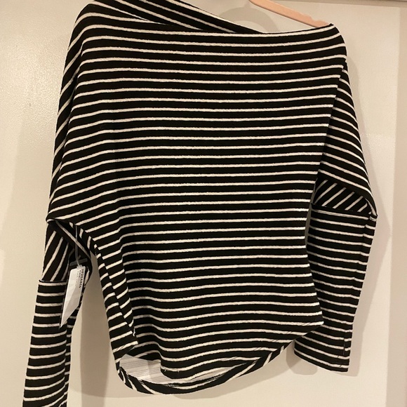 HYFVE Tops - HYFVE Black and White Striped Off the Shoulder Boatneck Top